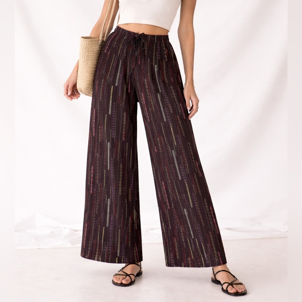 Boho Wide Leg Palazzo Pants • Ethnic Stripe Print • Drawstring Waist • Women’s 2